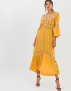 Asos Design Lace Insert Maxi Dress With Embroidery - Yellow