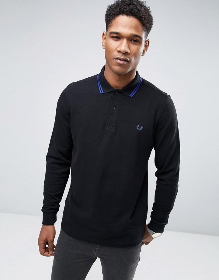 Fred Perry Slim Long Sleeve Polo Shirt Pique Twin Tipped In Black - Bl