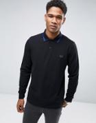 Fred Perry Slim Long Sleeve Polo Shirt Pique Twin Tipped In Black - Bl