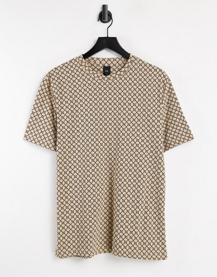 River Island Slim Monogram T-shirt In Tan-brown