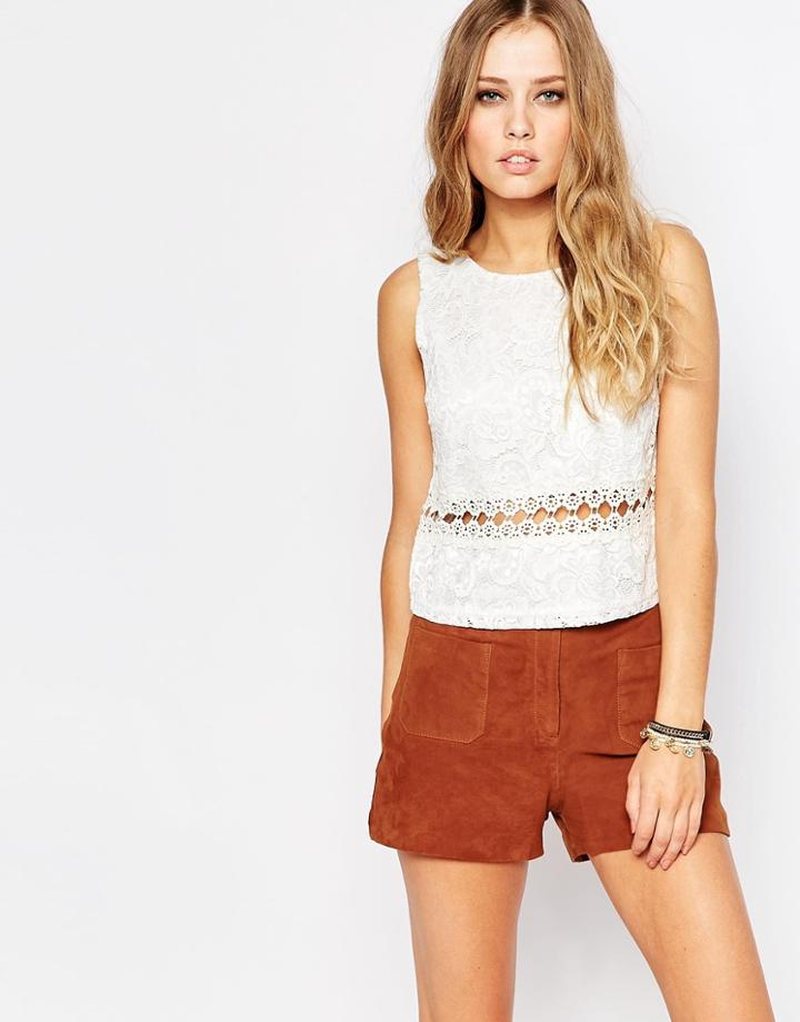 Ax Paris Lace Top With Crochet Waist - Cream