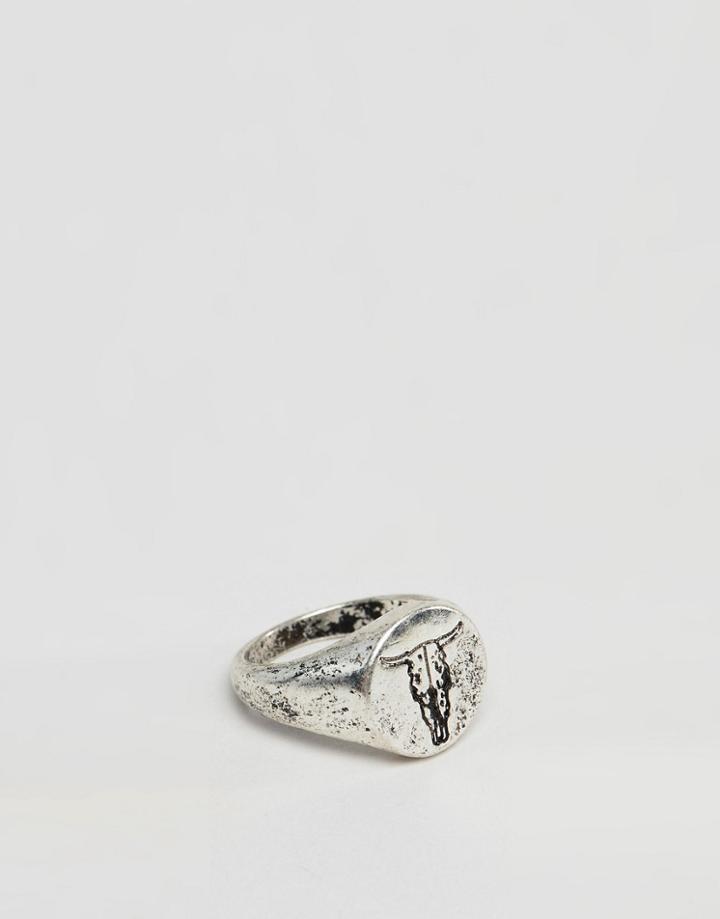 Asos Design Signet Ring In Burnished Silver With Rams Head - Silver