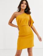 Vesper One Shoulder Mini Dress With Cut Out And Tie Detail In Ochre - Yellow