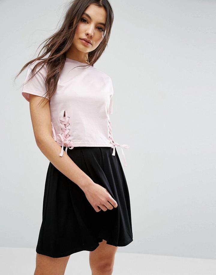 Asos Crop T-shirt With Corset Tie Detail - Pink
