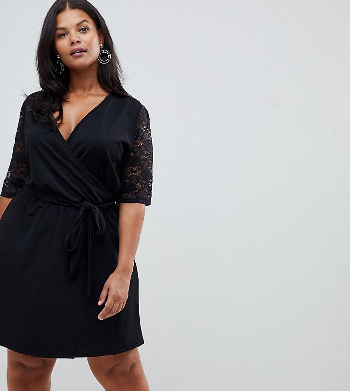 Pink Clove Wrap Dress With Lace Sleeves - Black