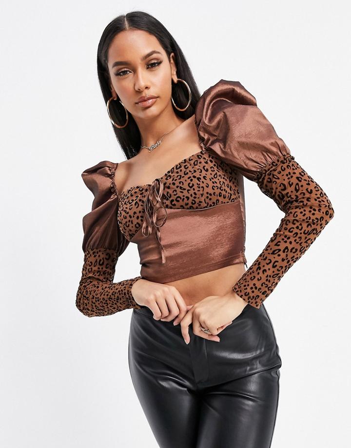 Naanaa Satin Puff Sleeve Crop Top In Animal-brown