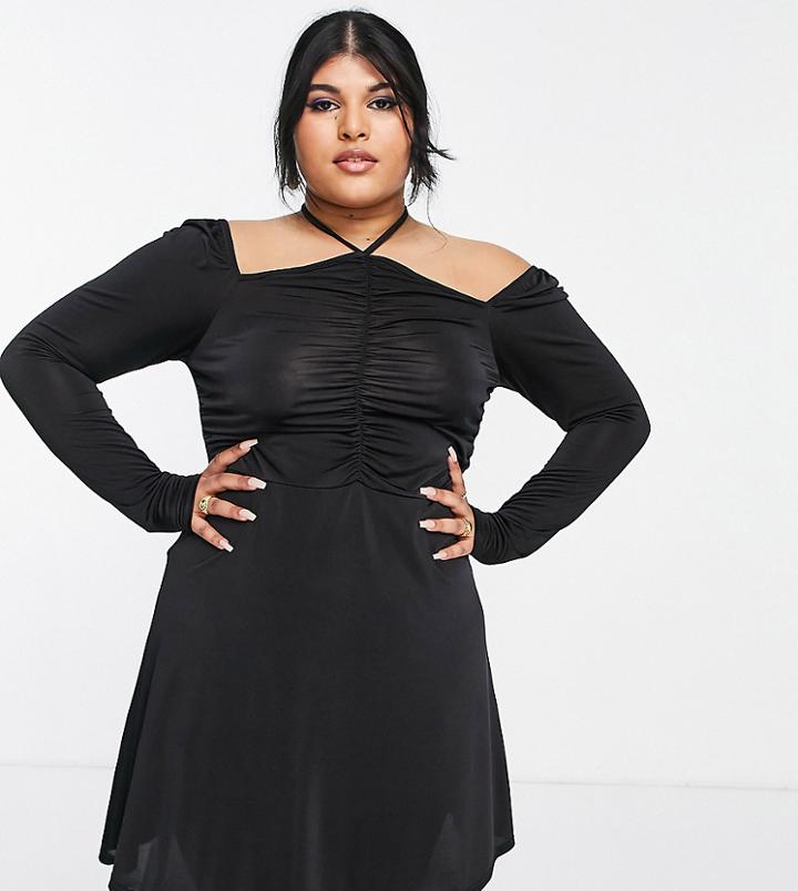 In The Style Plus X Liberty Exclusive Halterneck Long Sleeve Ruched Front Skater Dress In Black