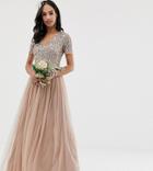 Maya Bridesmaid V Neck Maxi Tulle Dress With Tonal Delicate Sequins In Taupe Blush-brown