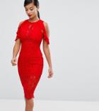Naanaa Petite Lace Bodycon Midi Dress With Off Shoulder And Cut Out Detail-red