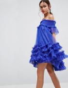 Asos Bardot Tulle Ruched Mini Dress - Blue