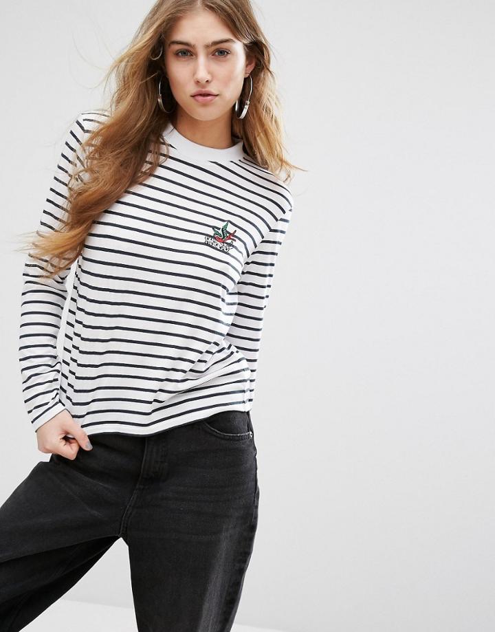 Daisy Street Long Sleeve T-shirt In Breton Stripe With Tattoo Bird Print - White