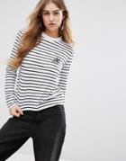 Daisy Street Long Sleeve T-shirt In Breton Stripe With Tattoo Bird Print - White