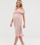 Asos Design Maternity Twist And Drape Front Midi Dress-pink