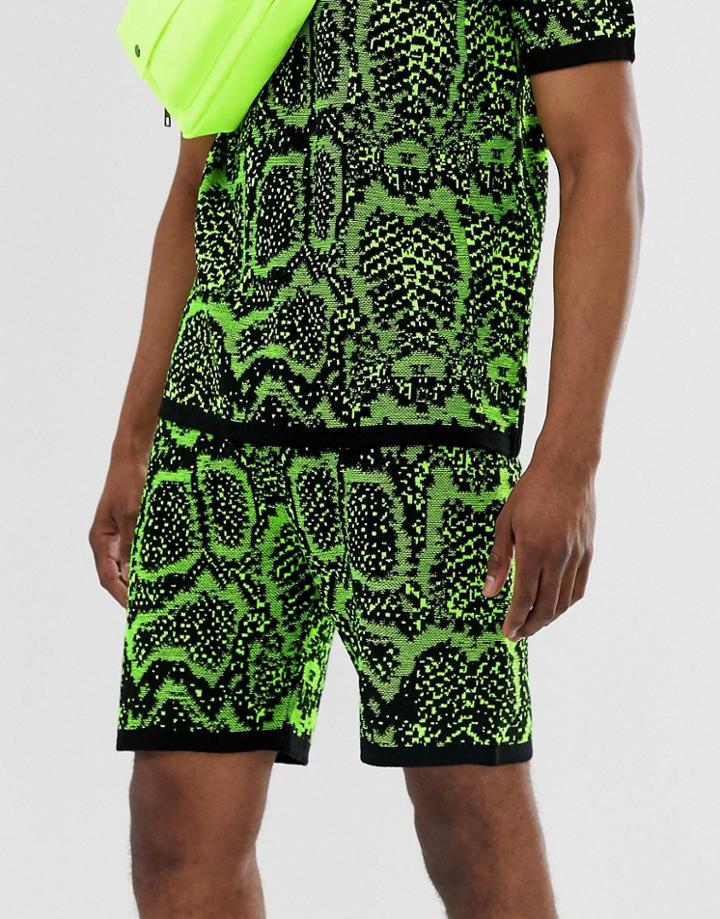 Asos Design Two-piece Knitted Shorts In Neon Snake Design-green
