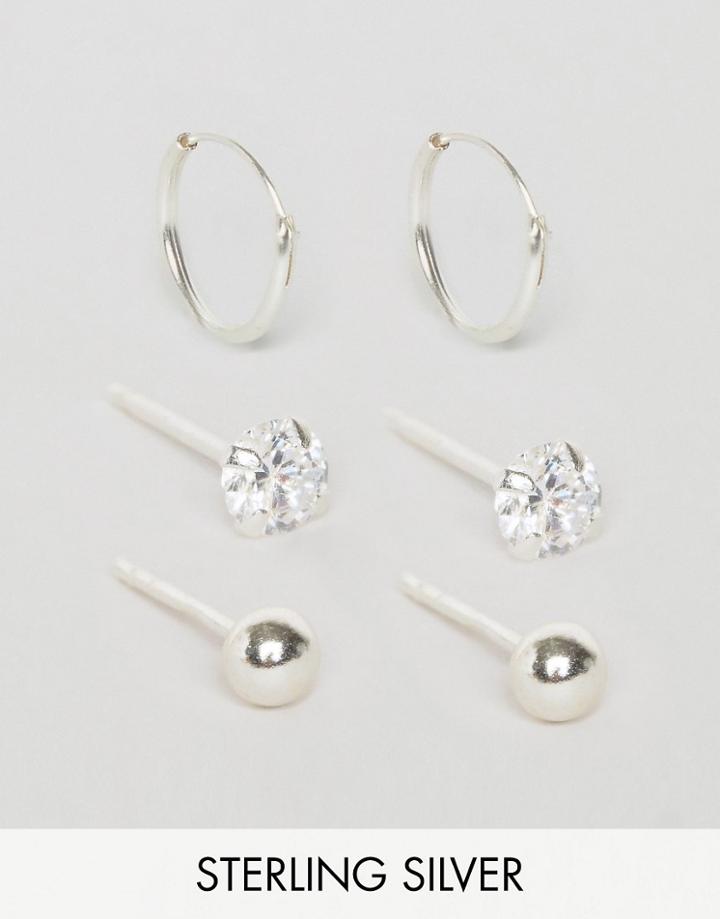 Reclaimed Vintage Sterling Silver Stud & Hoop Earrings In 3 Pack - Sil