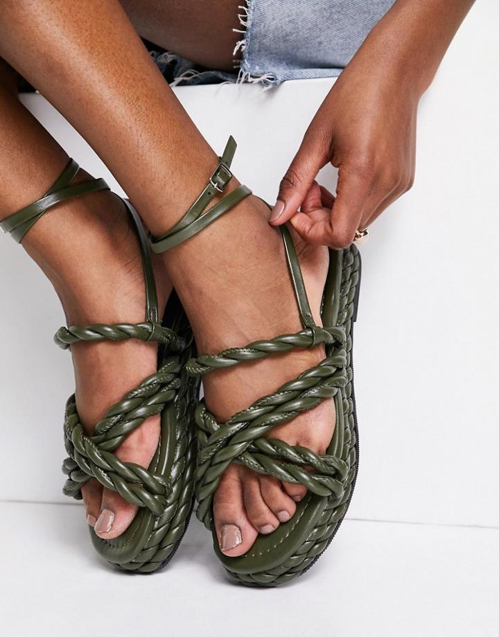 Asos Design Franky Rope Flat Sandals In Khaki-green