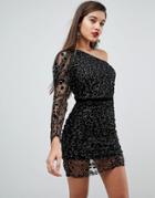Asos Animal Sparkle One Shoulder Puff Sleeve Mini Dress - Black