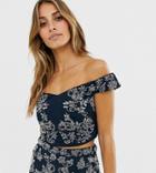 Maya Square Neck Bardot Floral Embellished Crop Top In Navy - Navy