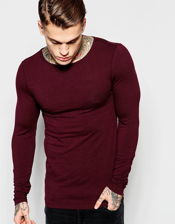 Asos Extreme Muscle Long Sleeve T-shirt With Boat Neck In Oxblood - Oxblood
