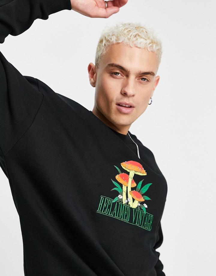 Reclaimed Vintage Inspired Organic Cotton Sweatshirt With Mushroom Front Print In Black