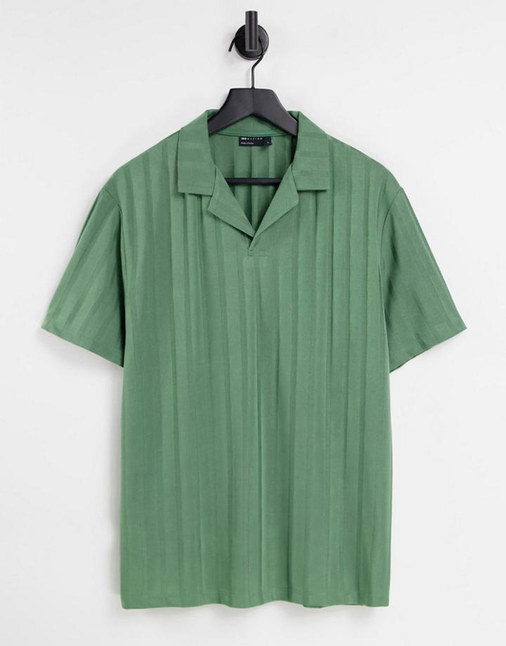 Asos Design Relaxed Polo T-shirt In Khaki Rib With Revere Collar-green