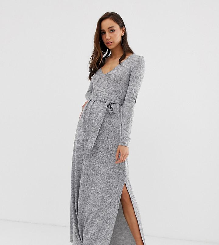 Asos Design Tall V Neck Belted Maxi Dress In Gray Marl