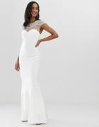 City Goddess Capped Sleeve Fishtail Maxi Dress With Embellished Detail - White