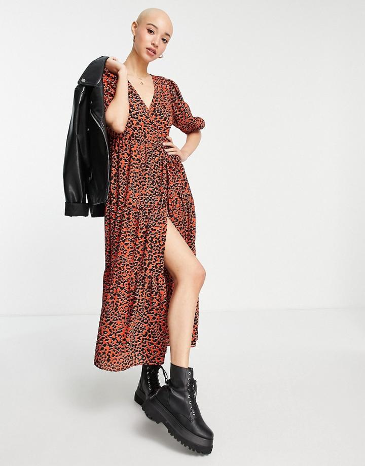 Asos Design Wrap Front Tiered Smock Midi Dress In Red Animal Print-multi