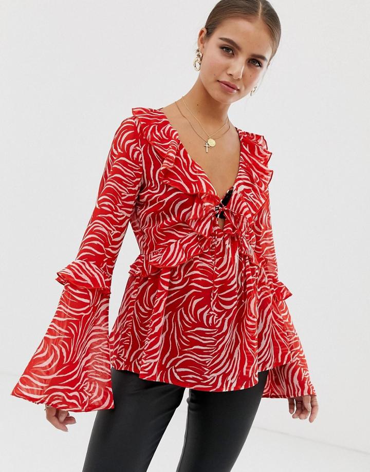 Asos Design Long Sleeve Lattice Front Top With Ruffles In Zebra Animal Print - Multi