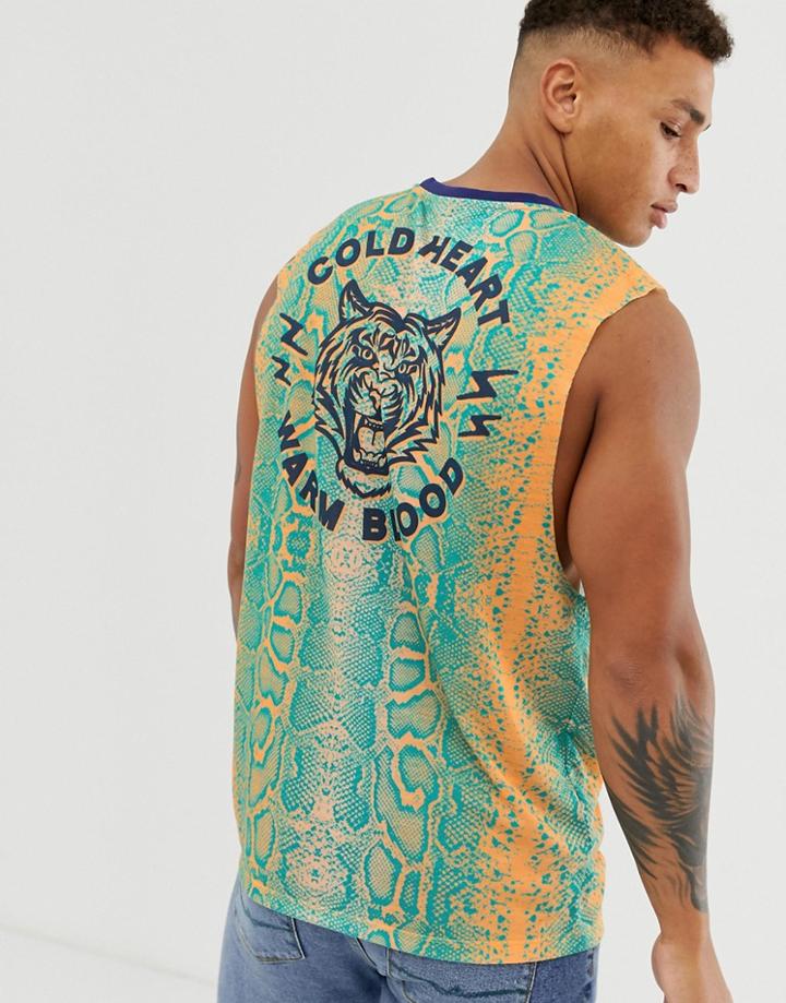 Asos Design Relaxed Sleeveless T-shirt With Dropped Armhole In Snake With Back Print - Multi