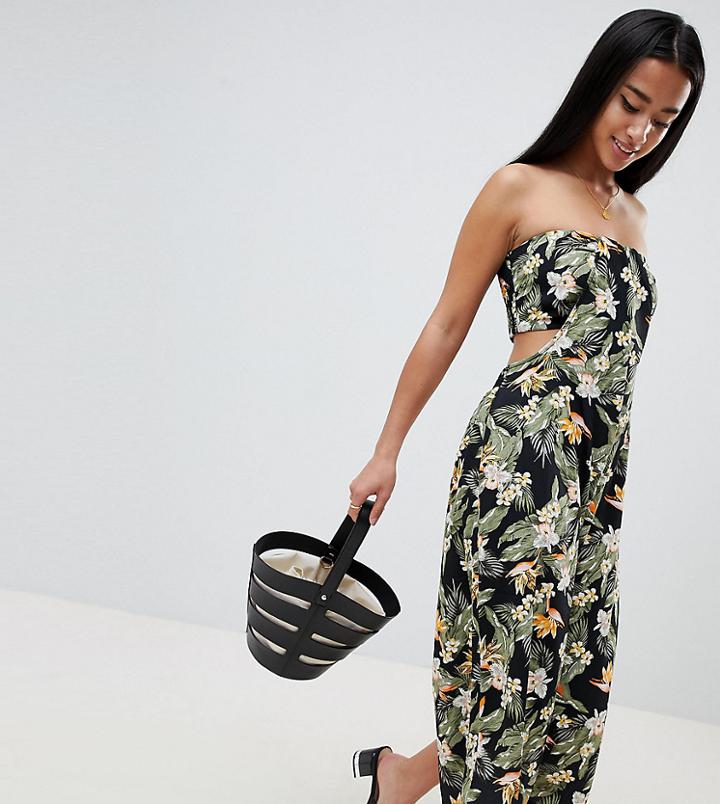 Asos Design Petite Bandeau Jumpsuit With Cut Out And Drape Detail In Print - Multi