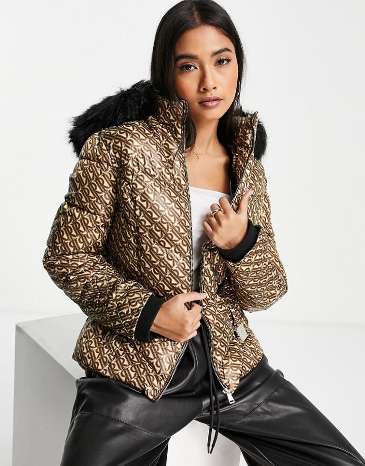 River Island Monogram Padded Belted Jacket With Faux Fur Hood In Brown