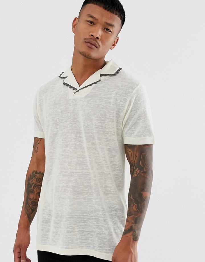 Asos Design Relaxed Revere Polo Shirt With Stitch Detailing In Linen Look - White