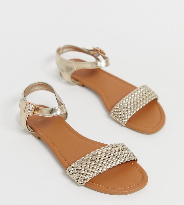 New Look Wide Fit Woven Flat Sandal In Gold - Gold