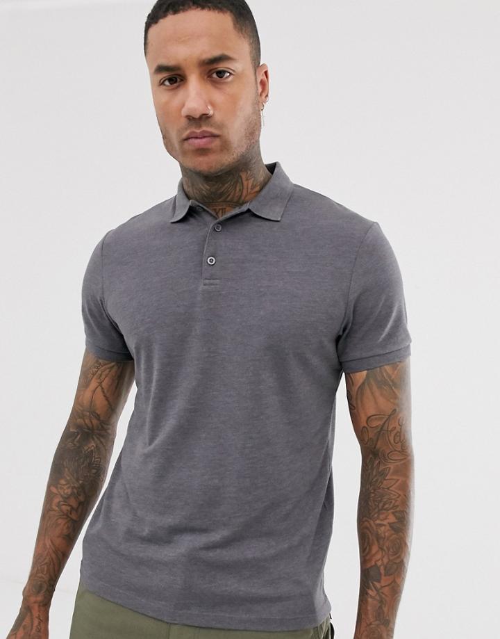 Asos Design Pique Polo In Charcoal Marl-gray