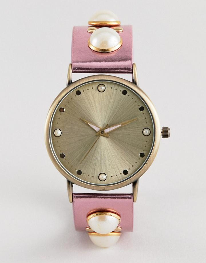 Asos Design Metallic Pearl Embellished Watch - Pink