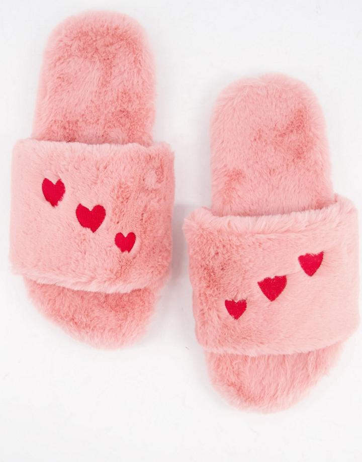 Monki Cozy Heart Slippers In Pink - Pink