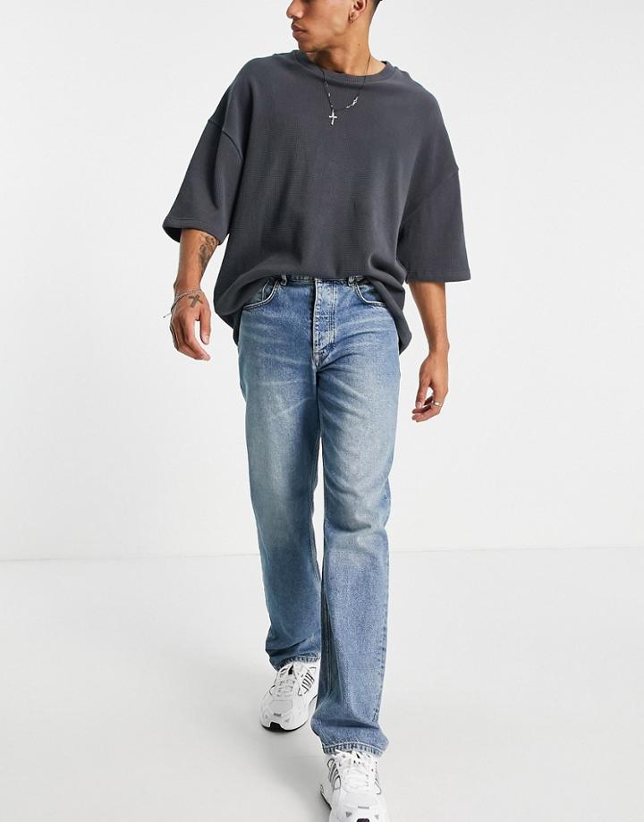 Asos Design Straight Leg Shorts In Vintage Mid Wash Blue-blues