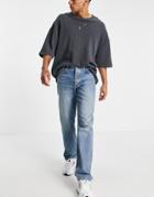 Asos Design Straight Leg Shorts In Vintage Mid Wash Blue-blues