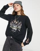 Asos Design Oversized T-shirt With Long Sleeve And Rock Print In Washed Black