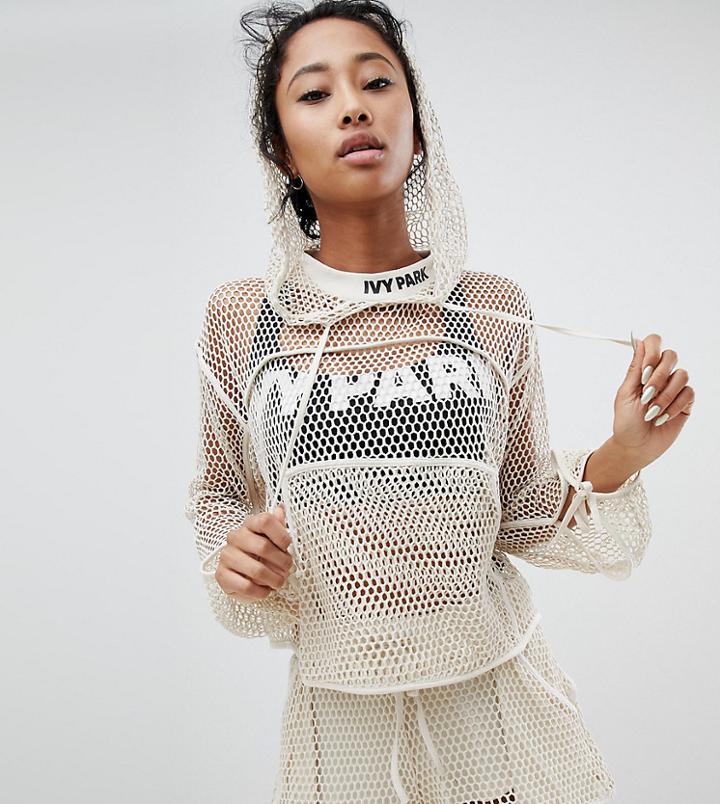Ivy Park Mesh Lace Up Cropped Hoodie - Beige