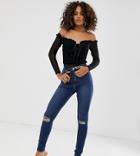 Asos Design Tall Ridley High Waisted Skinny Jeans In Dark Stonewash Blue With Busted Knees