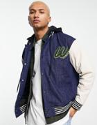 Asos Design Denim Varsity Bomber Jacket With Hood In Mid Wash Blue-navy