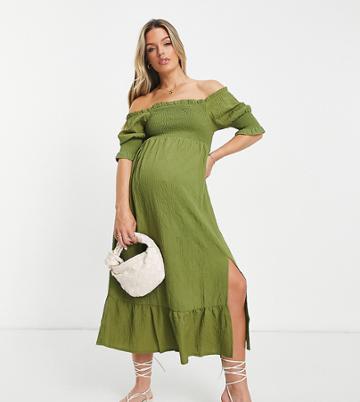 Violet Romance Maternity Shirred Midi Dress In Khaki-green