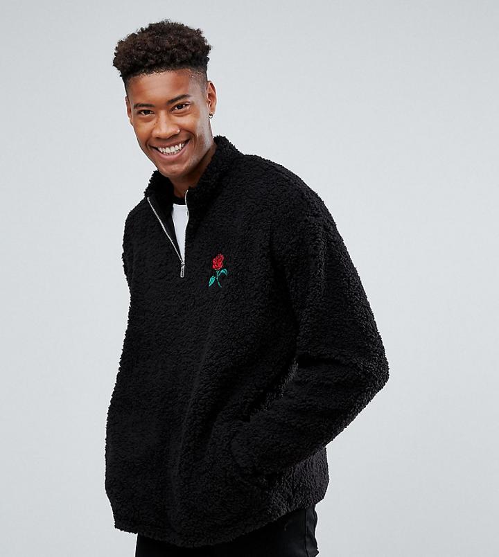 Asos Tall Borg Oversized Half Zip Sweatshirt With Rose Embroidery - Black