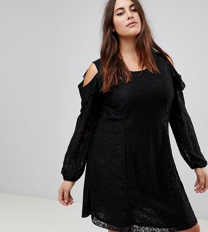 Koko Cold Shoulder Ruffle Detail Lace Shift Dress - Black
