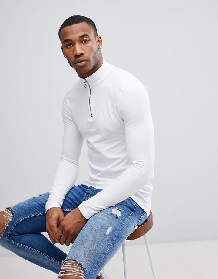 Asos Zip Neck Muscle Fit T-shirt With Long Sleeves In White - White