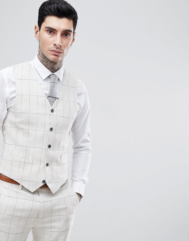 Gianni Feraud Skinny Fit Wedding Windowpane Check Vest - Cream