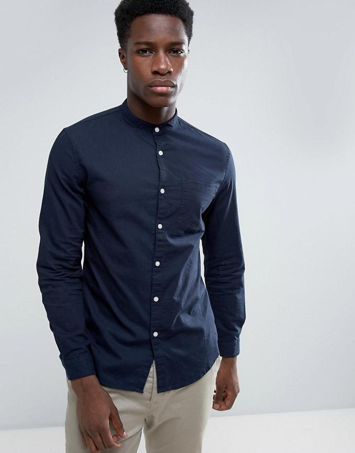 Bershka Smart Shirt With Mandarin Collar In Navy - Navy