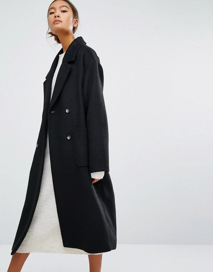 Monki Double Breasted Over Coat - Black